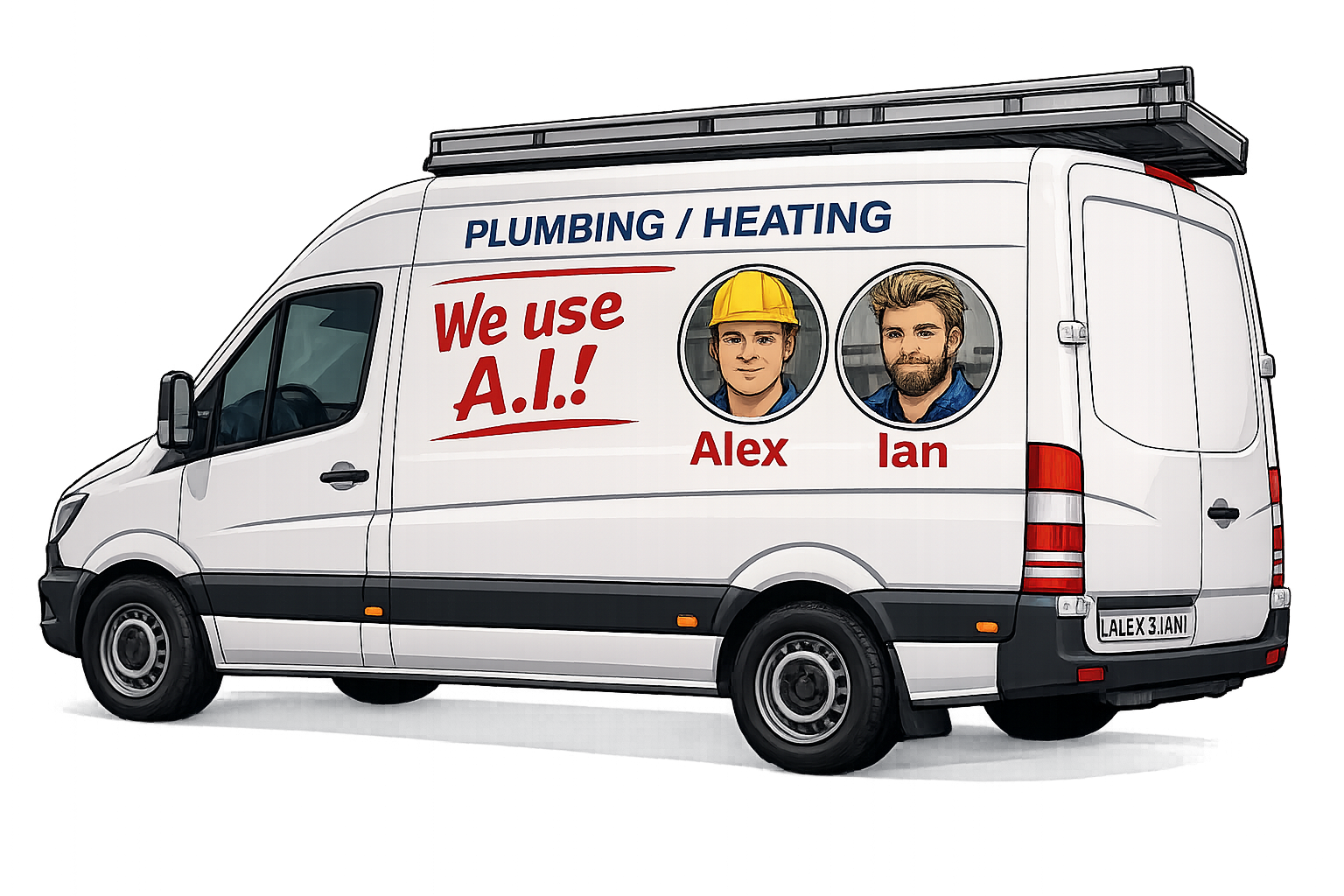 A plumbing/heating service van with the technicians Alex and Ian named on the side
